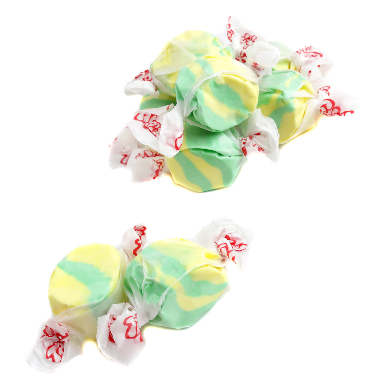 Taffy Town Salt Water Taffy, vibrant yellow & green pineapple flavored, approx 65 soft chewy pieces per pound.