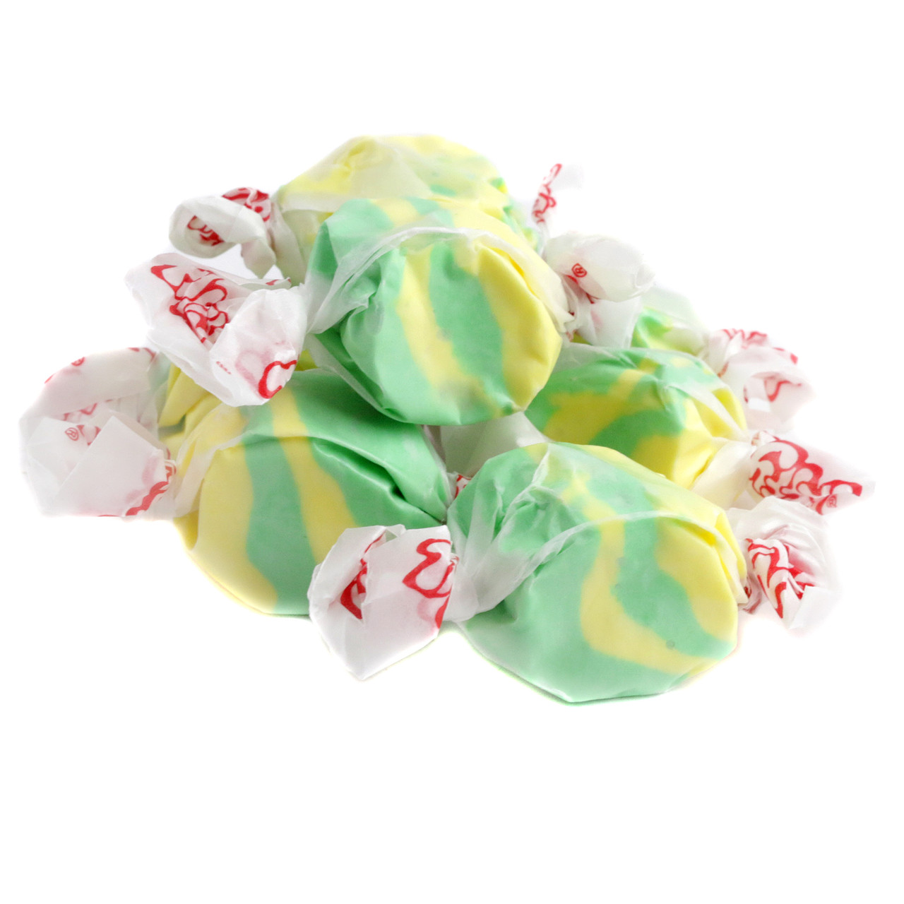 Taffy Town Salt Water Taffy, pineapple flavor, 65 pieces per pound, yellow and green, soft chewy tropical candy.
