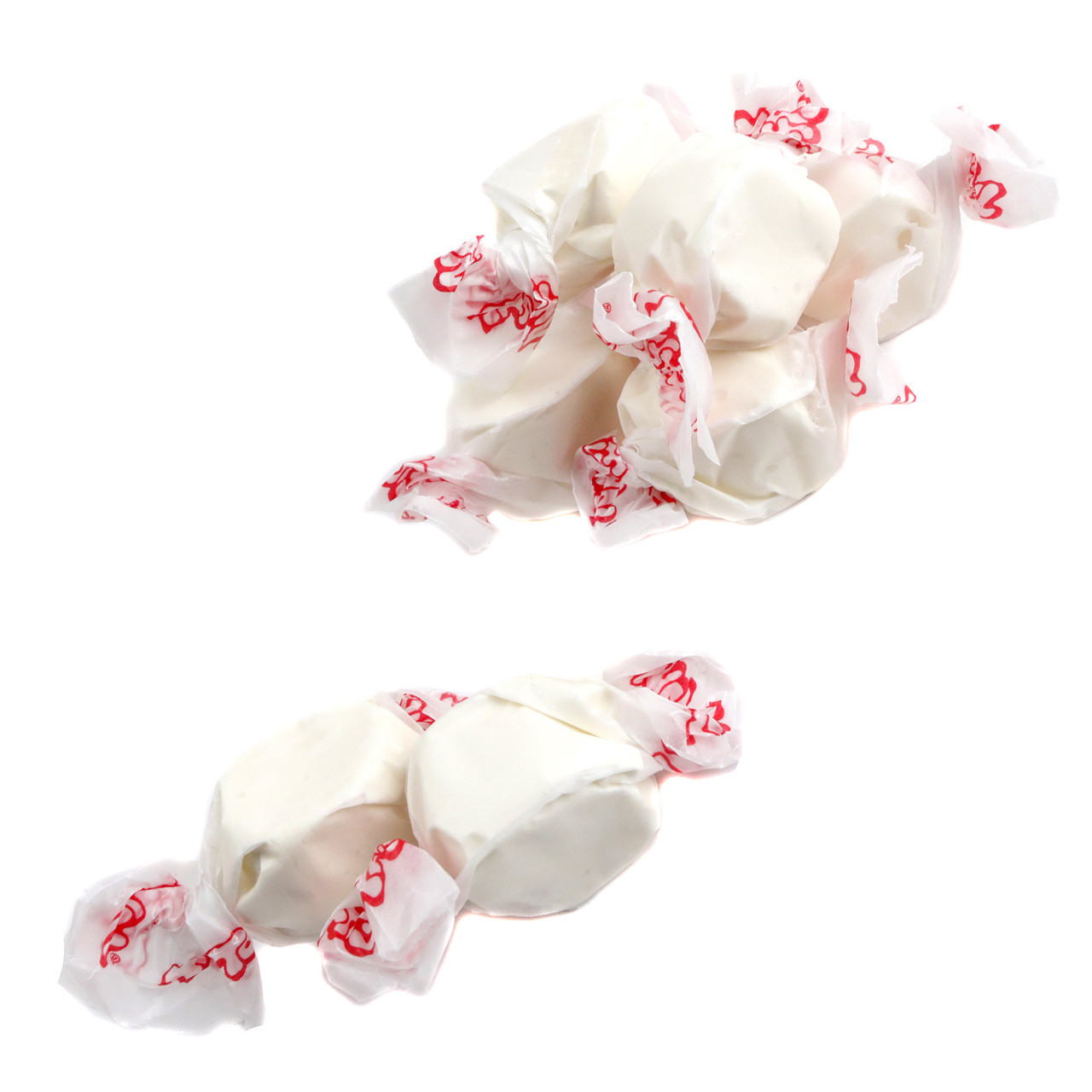 White Salt Water Taffy, vanilla flavor, chewy, classic taste, 65 pieces per pound, Made in USA.