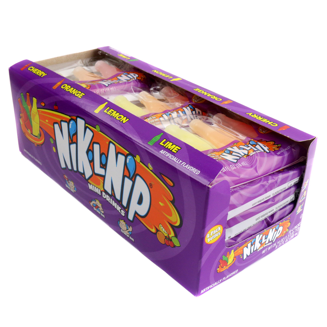 Nik L Nip Wax Bottles, 18 packs, each with 4 fruit flavor liquid-filled wax candy bottles. Old-fashioned fun.