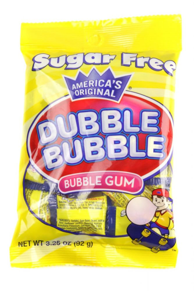 12 bags of individually wrapped pink, chunk-shaped Sugar Free Dubble Bubble gum, 3.25oz each.