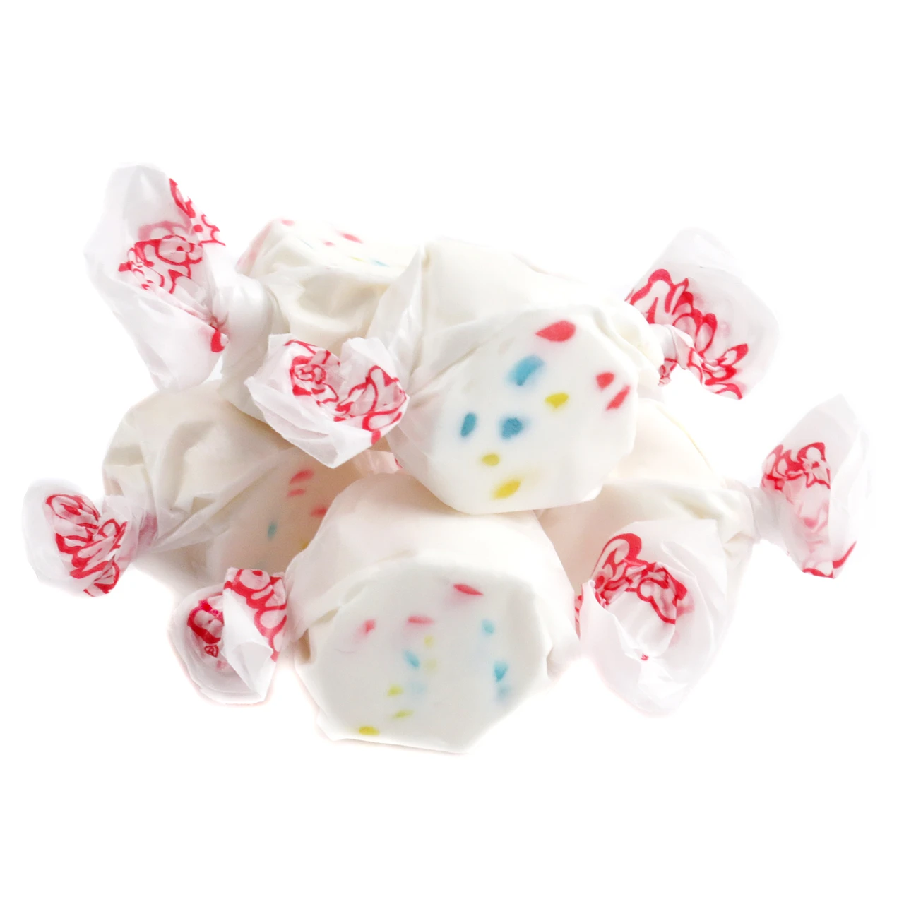 White Taffy Town Salt Water Taffy, Frosted Cupcake flavor with colorful rainbow sprinkles, approx 65 pieces per pound.