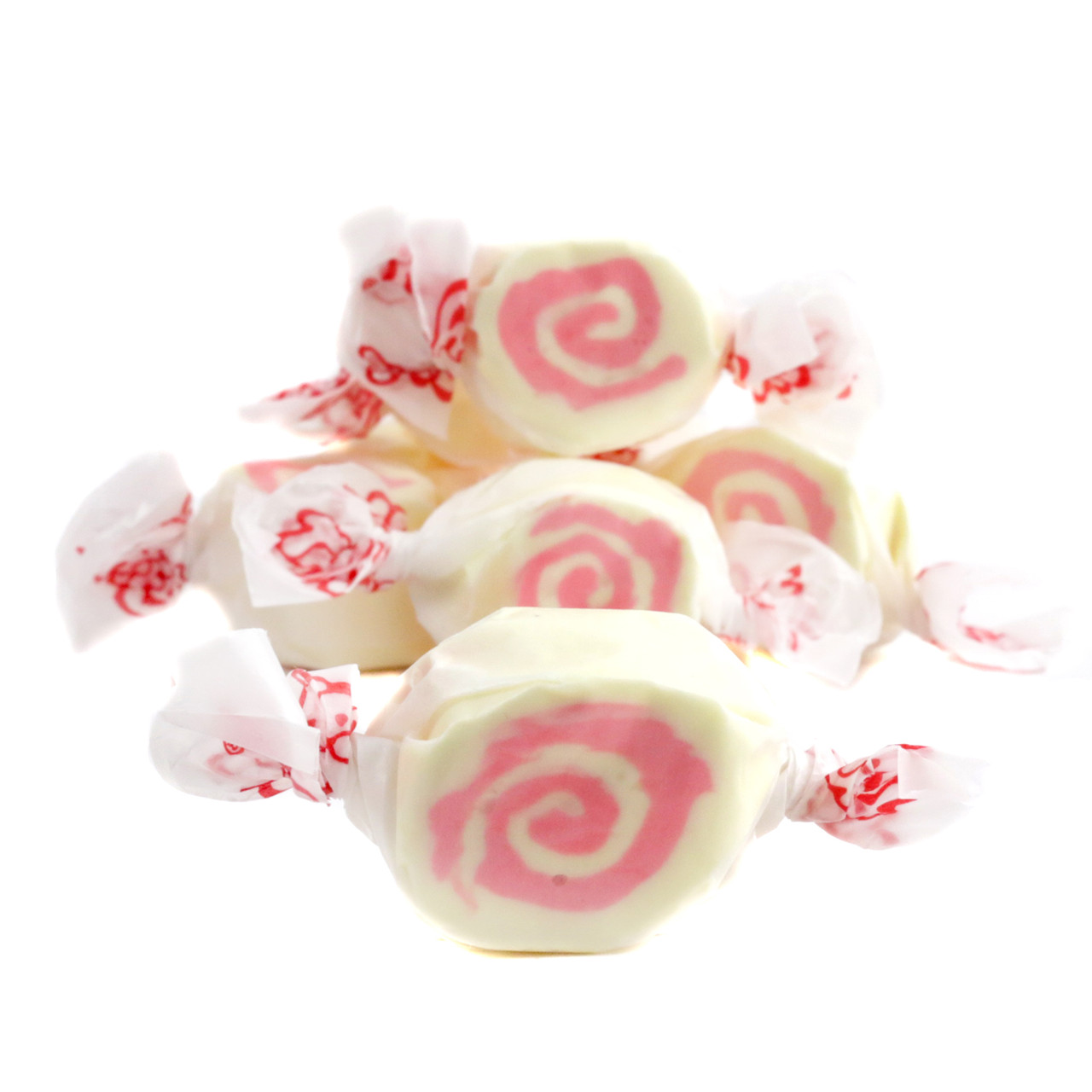 Taffy Town Strawberry Cheesecake Salt Water Taffy, pink & yellow, approx 65 pieces per pound, bulk, gluten-free.
