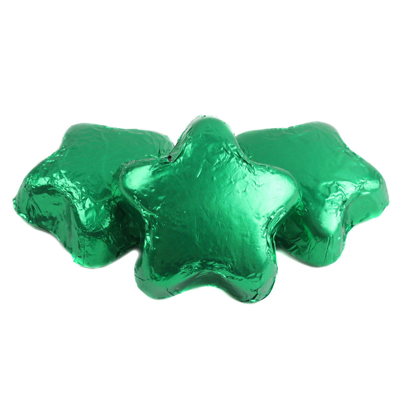 Bright green foil-wrapped Madelaine milk chocolate stars, 1.5 inch, 45 pieces per pound.