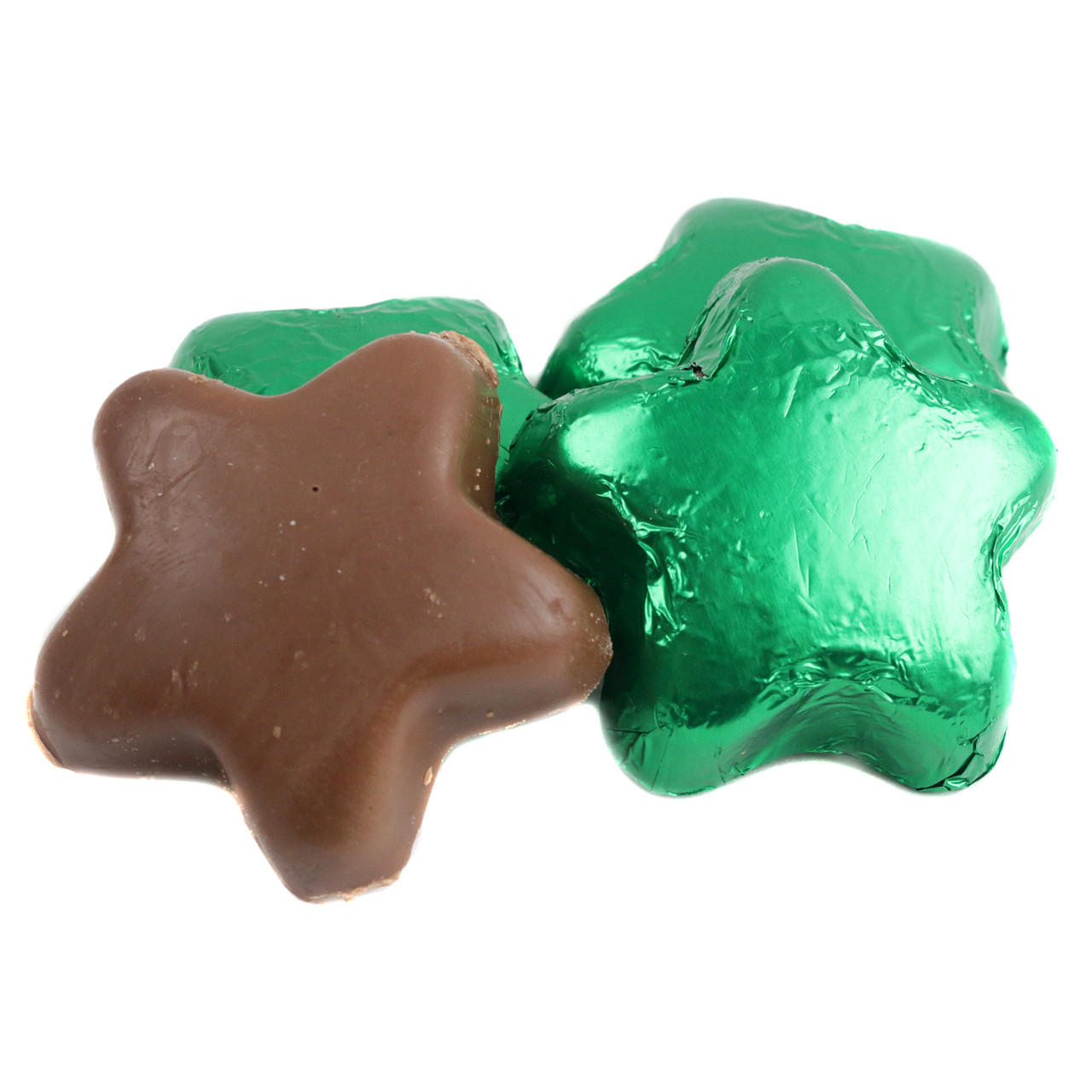 Green foil-wrapped Madelaine milk chocolate stars, approx 45 per pound. Perfect St. Patrick's Day or Christmas candy.