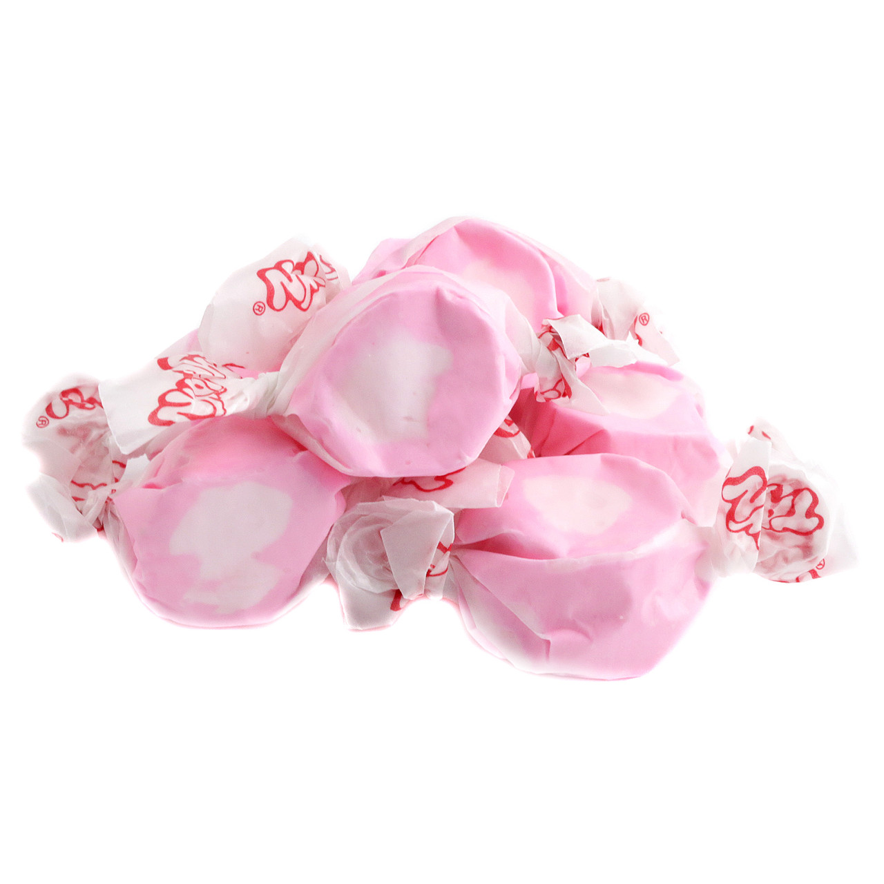 Creamy pink Taffy Town bubble gum salt water taffy, individually wrapped, approx 65 pieces per pound.