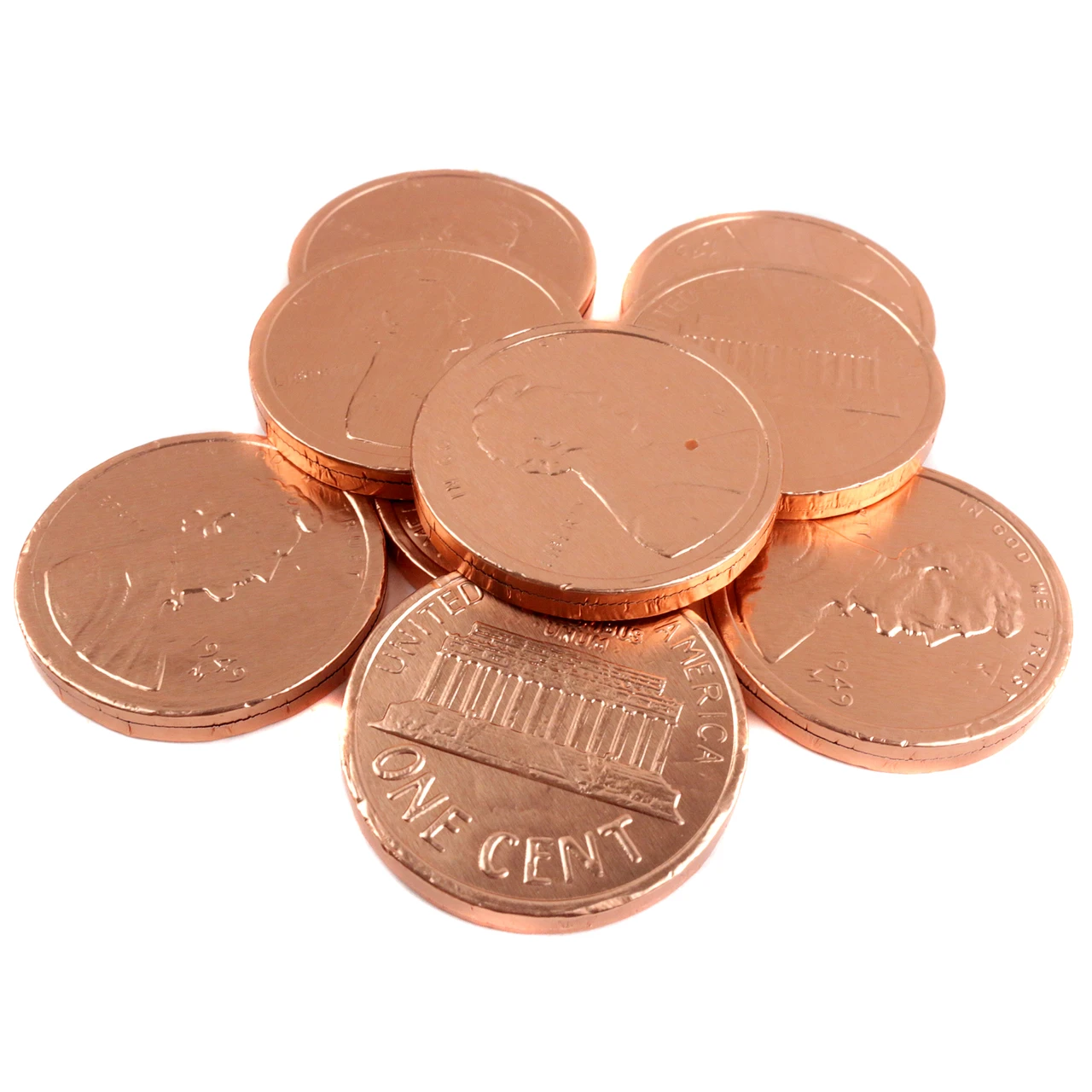Shiny copper foil-wrapped milk chocolate pennies, stamped like real pennies, 1.5 inch diameter, 70 per pound.