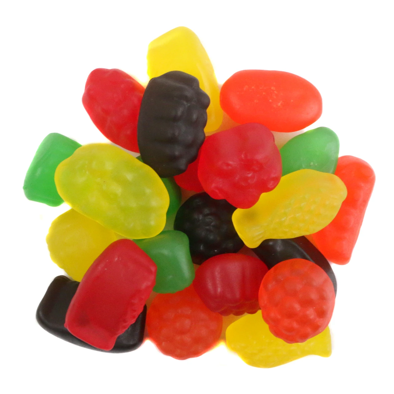 Assorted Jujyfruits chewy candy, 170 pieces per pound, red, orange, yellow, green, black, various fruit shapes.