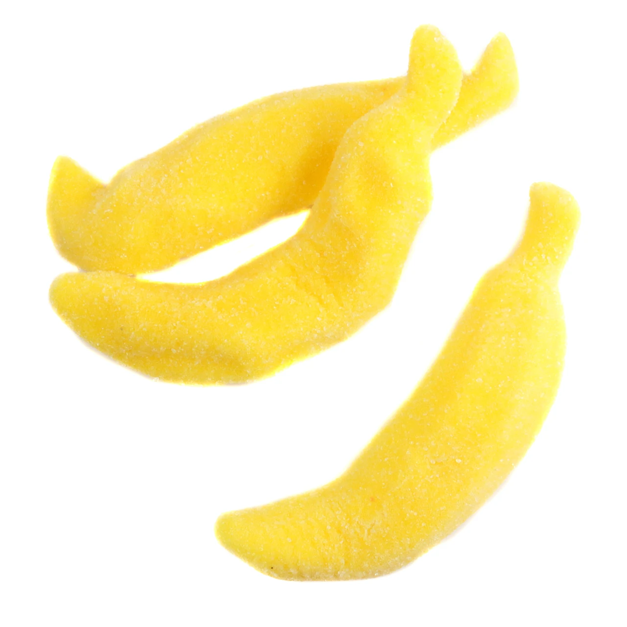 Extra large yellow gummy bananas, 5 inches long, approx 13 pieces per pound.