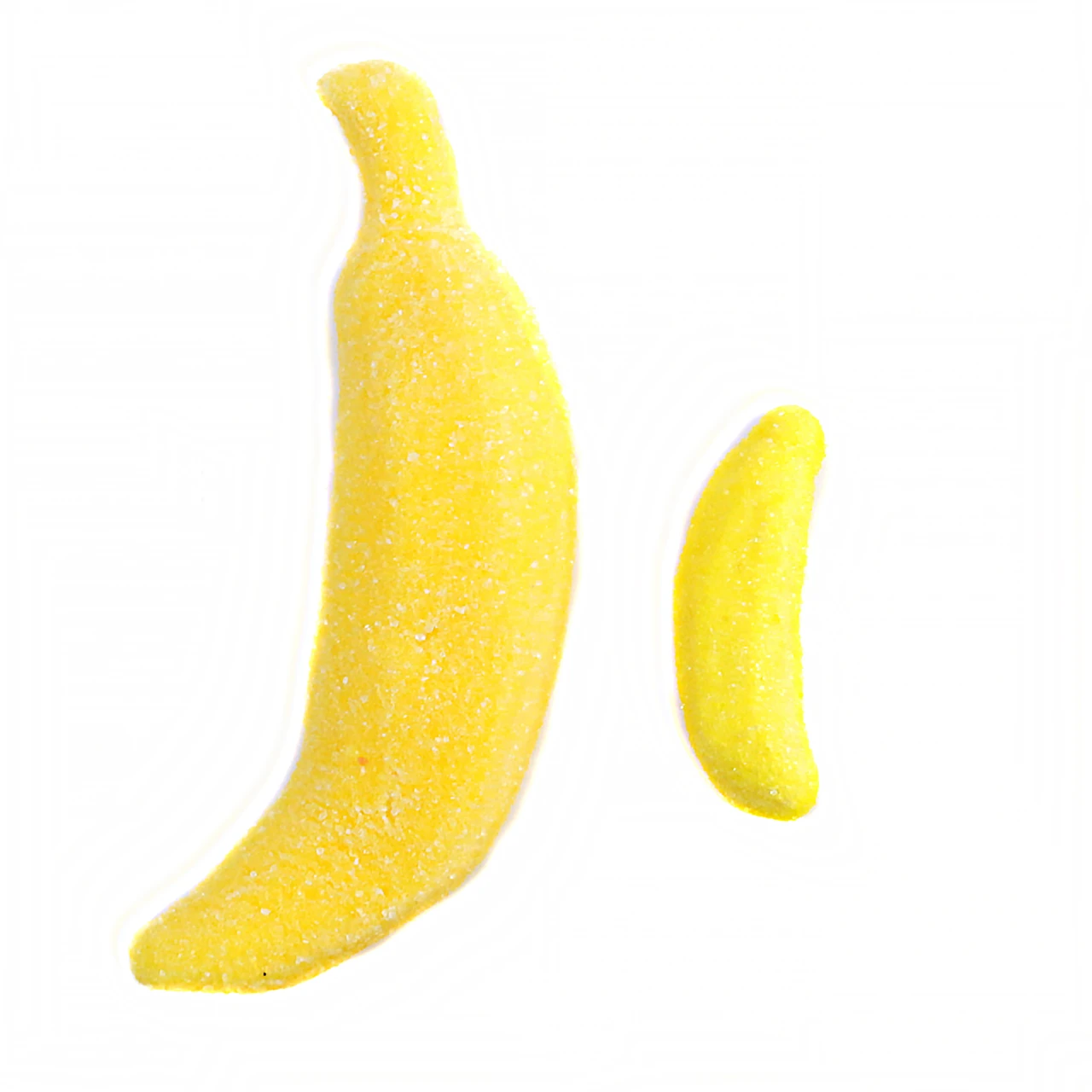 Soft extra large yellow gummy bananas, 5 inches, sweet banana flavor, approx 13 per pound, Clever Candy.