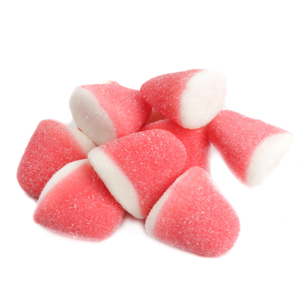 Pink Strawberry Gummy Drops, unwrapped in bulk, approx 80 non-GMO pieces per pound.