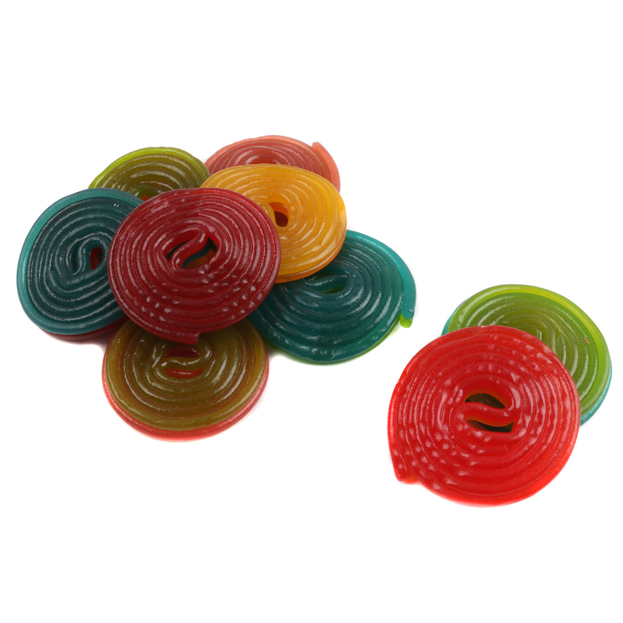 Two Faced Licorice Wheels, assorted fruit flavors, red, blue, yellow, purple, green, orange, approx 50 per pound.