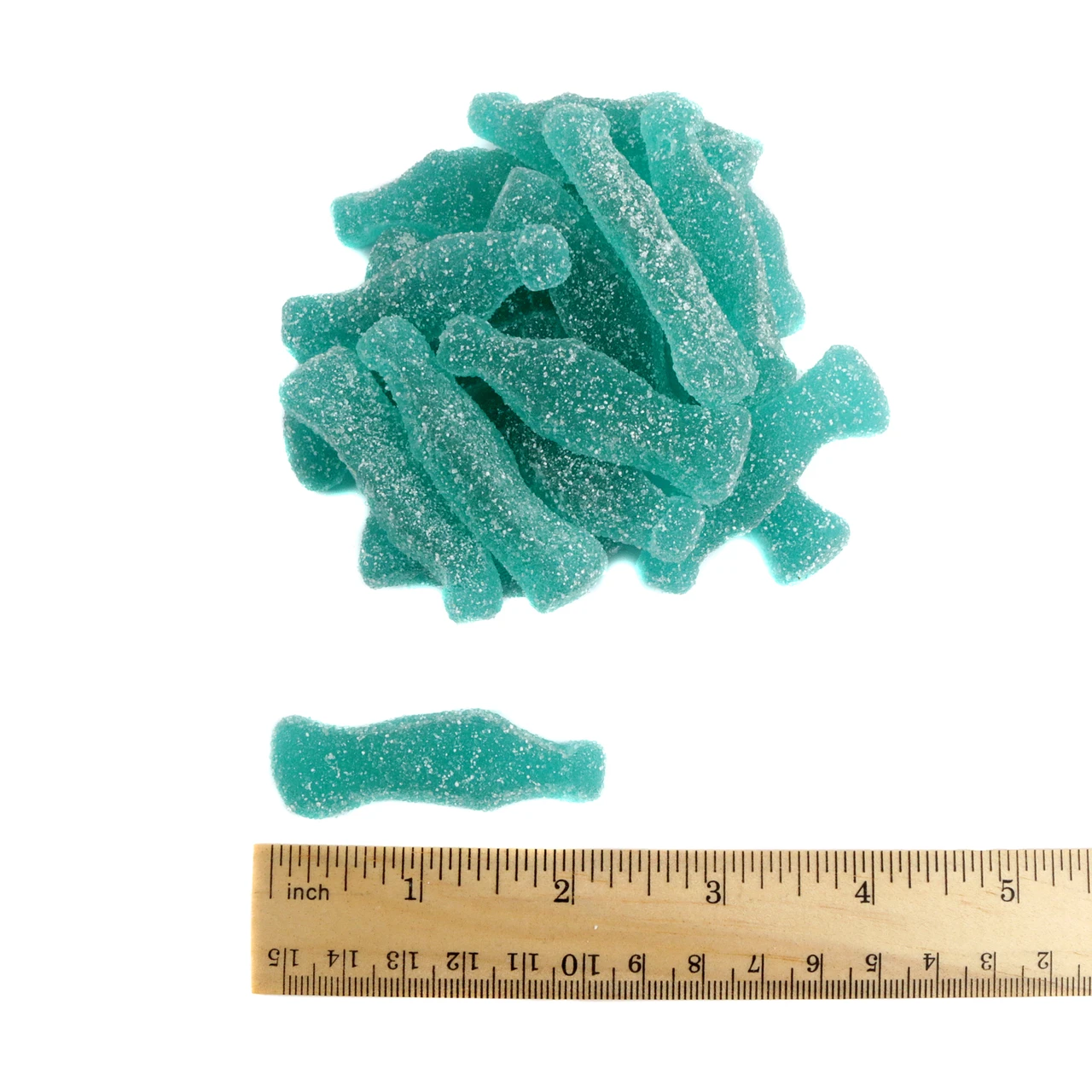 Blue gummy sour raspberry bottles, cola shape, sugar-coated, approx. 69 per pound.
