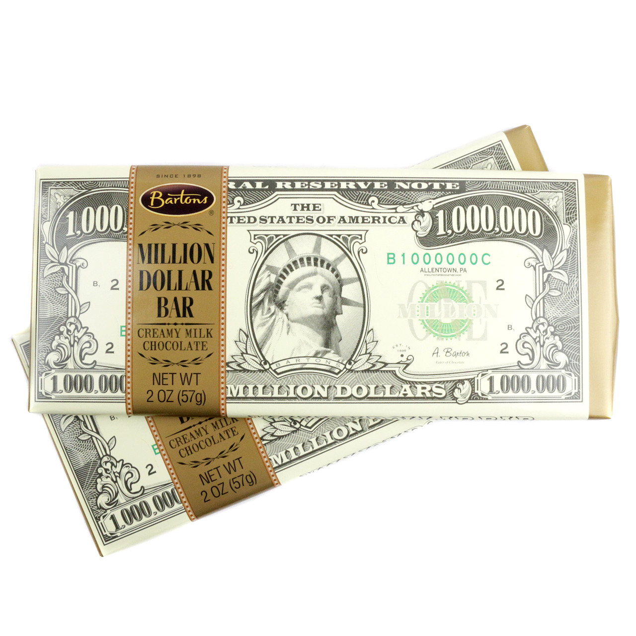 Bartons Million Dollar Milk Chocolate Candy Bar, 2oz. Green and gold foil wrapped. 12 bars per box.