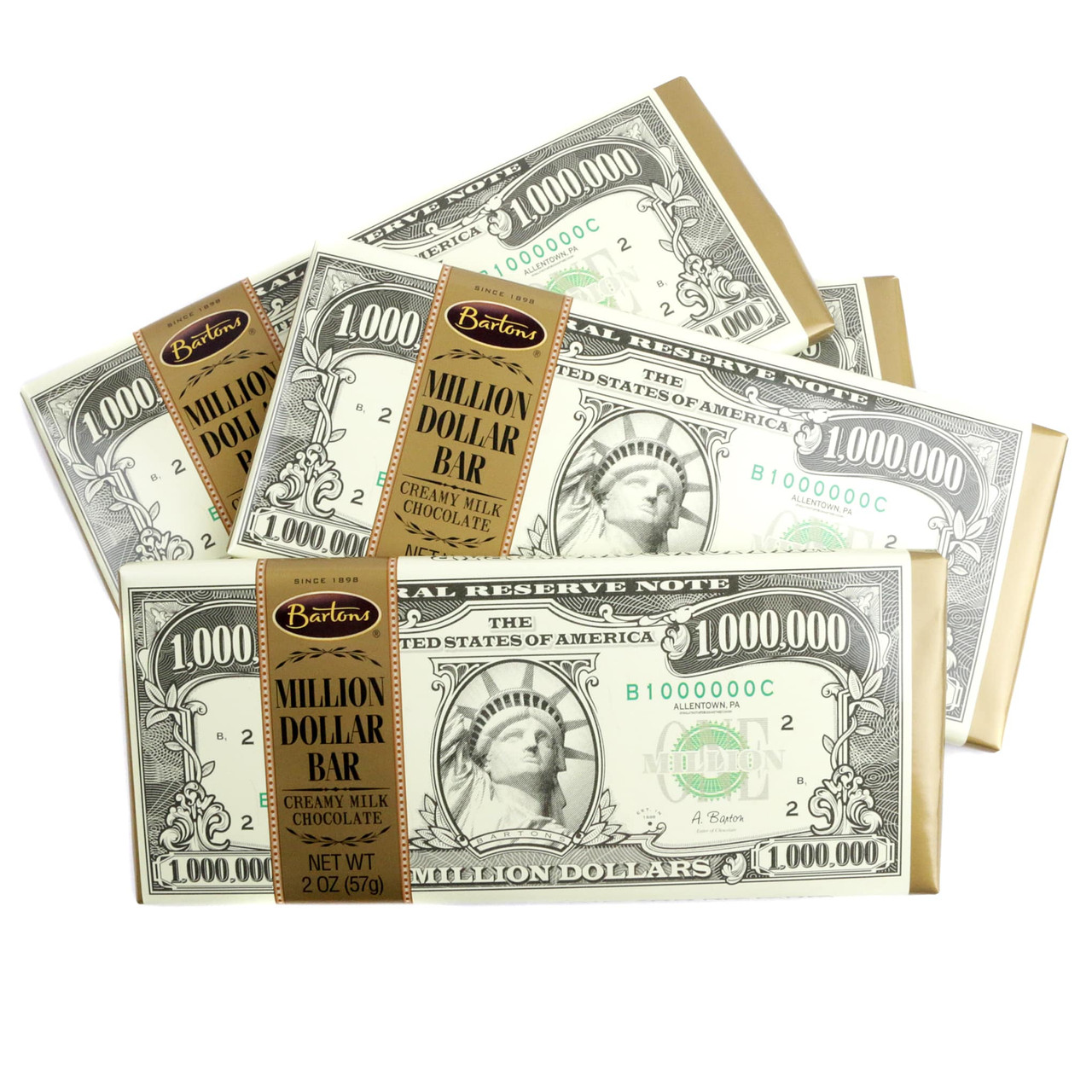 Bartons Million Dollar Milk Chocolate Bars, 12 count box, green and gold foil wrapped, 2oz each.