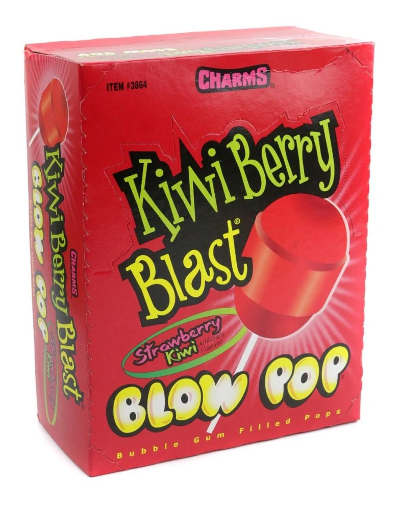 Vibrant red 48 piece box of Charms Kiwi Berry Blast Blow Pops, strawberry and kiwi flavor with bubble gum center, vegan.