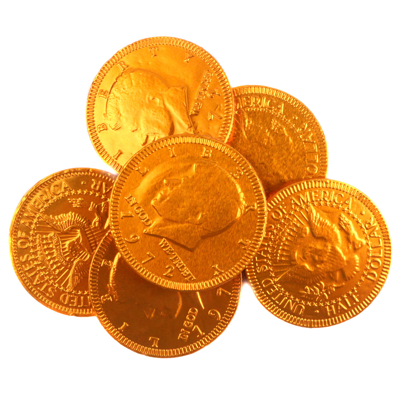 Bright orange foil-wrapped milk chocolate coins, approximately 80 per pound, with a US half dollar design.
