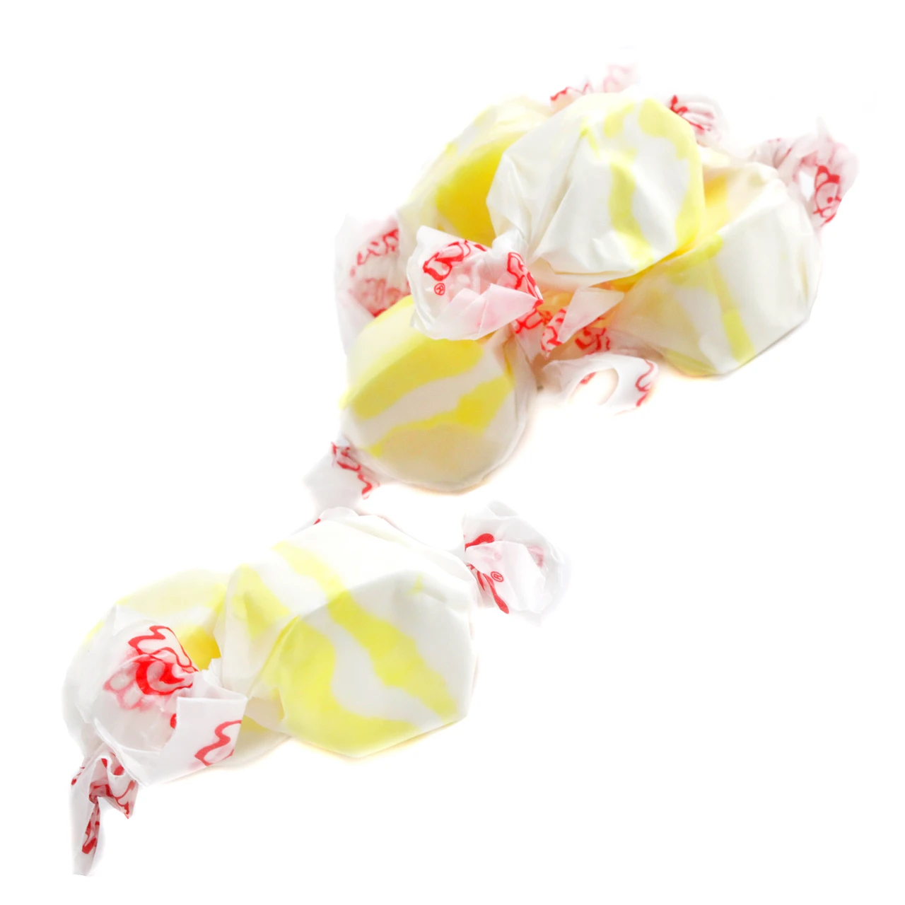 Light yellow, pastel Buttered Popcorn Salt Water Taffy, approximately 65 creamy pieces per pound.
