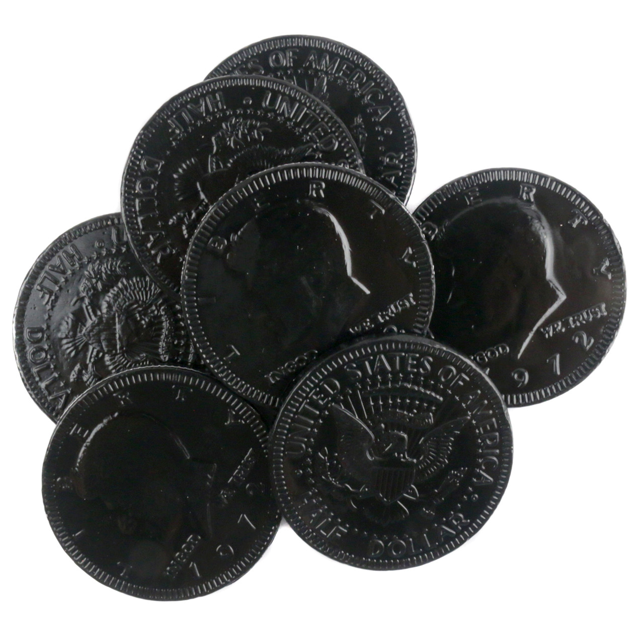 Fort Knox Black Chocolate Coins, premium milk chocolate, black foil, US half dollar design, 1.5 inch, approx 80 per pound.