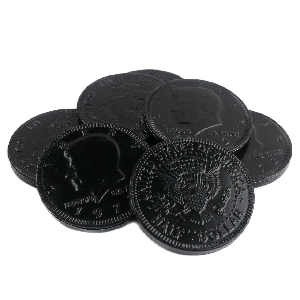 Fort Knox Black Chocolate Coins, 1.5-inch milk chocolate, black foil, US half dollar design, 80 per pound.