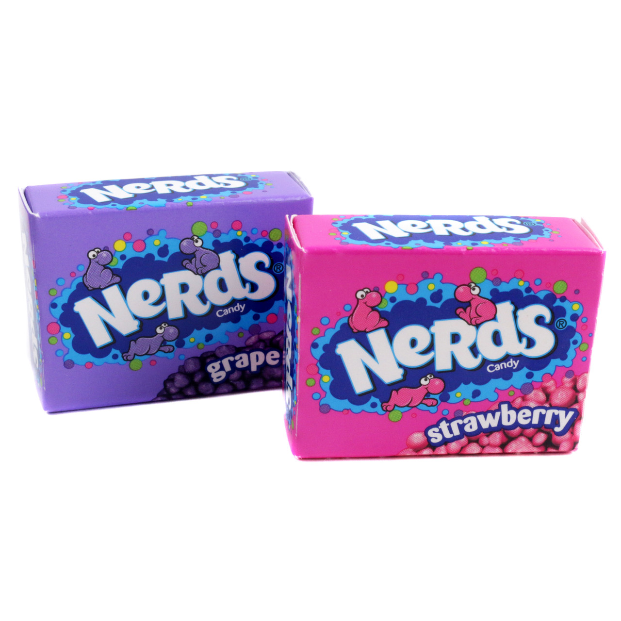 Nerds Strawberry and Grape mini boxes, pink and purple tangy crunchy candy, approx 27 boxes per pound.