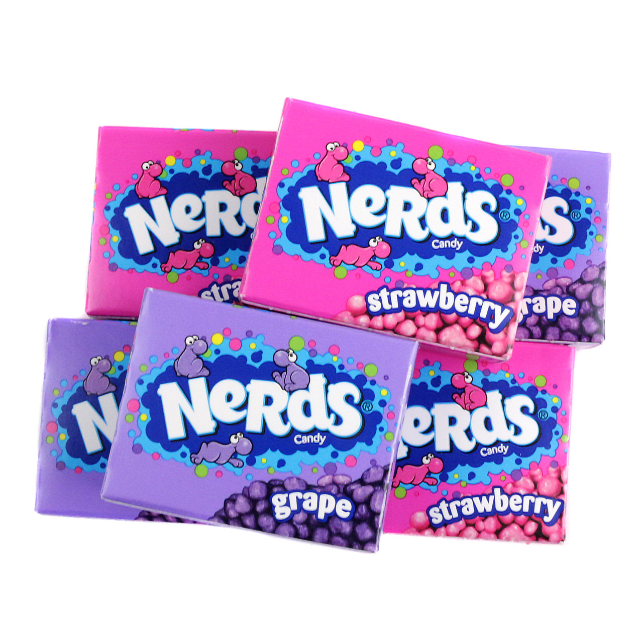 Strawberry and Grape Nerds mini boxes, vibrant red, pink, and purple packaging. Tiny, tangy, crunchy candy, approx 27 boxes per pound.