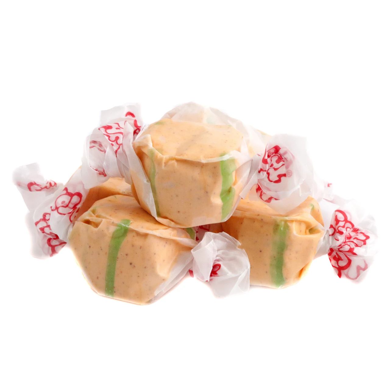 Taffy Town Salt Water Taffy Chili Mango, chewy vibrant green, yellow, red pieces, approximately 65 per pound.