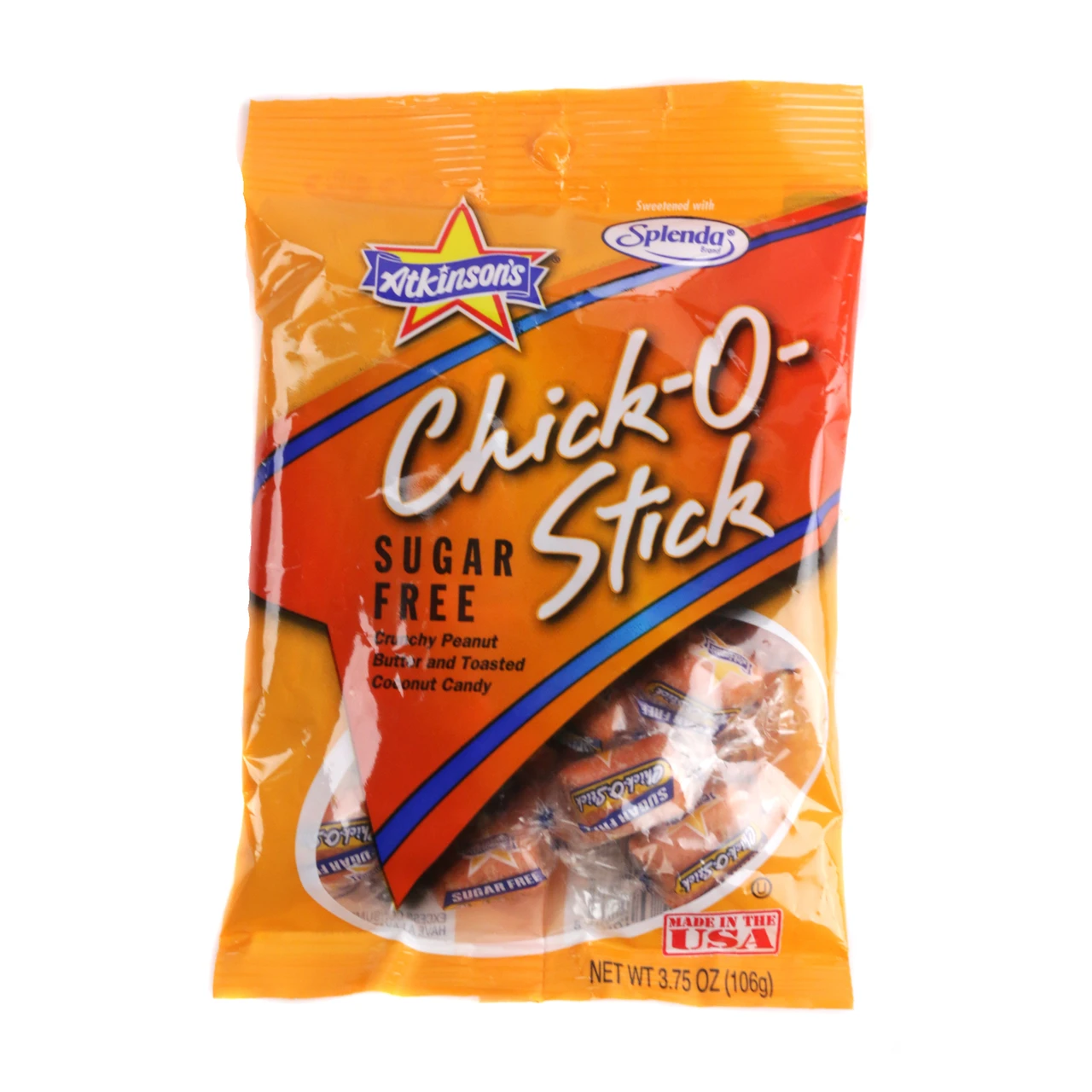 Atkinson Chick-O-Stick Sugar Free 3.75oz bag. Crunchy orange peanut butter sticks, covered in white toasted coconut.