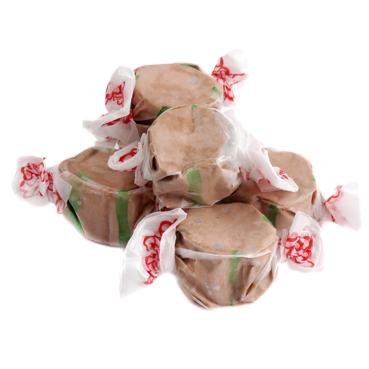 Brown and green chocolate mint Salt Water Taffy, Taffy Town, approximately 65 pieces per pound.
