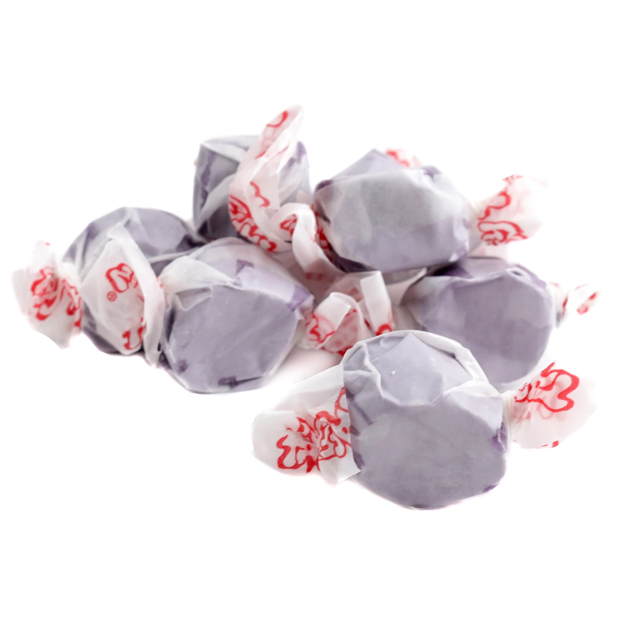 Vibrant purple Salt Water Taffy Grape, approximately 65 chewy pieces per pound, bulk-wrapped, gluten-free.