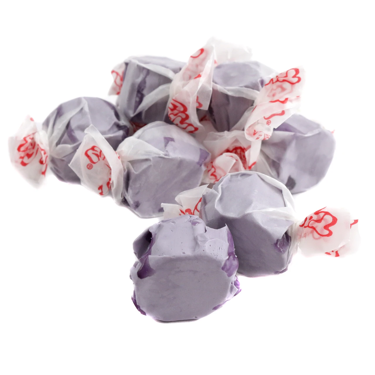 Vibrant purple Salt Water Taffy Grape. Sweet, chewy, gluten-free candy, approx 65 pieces per pound. Made in USA.