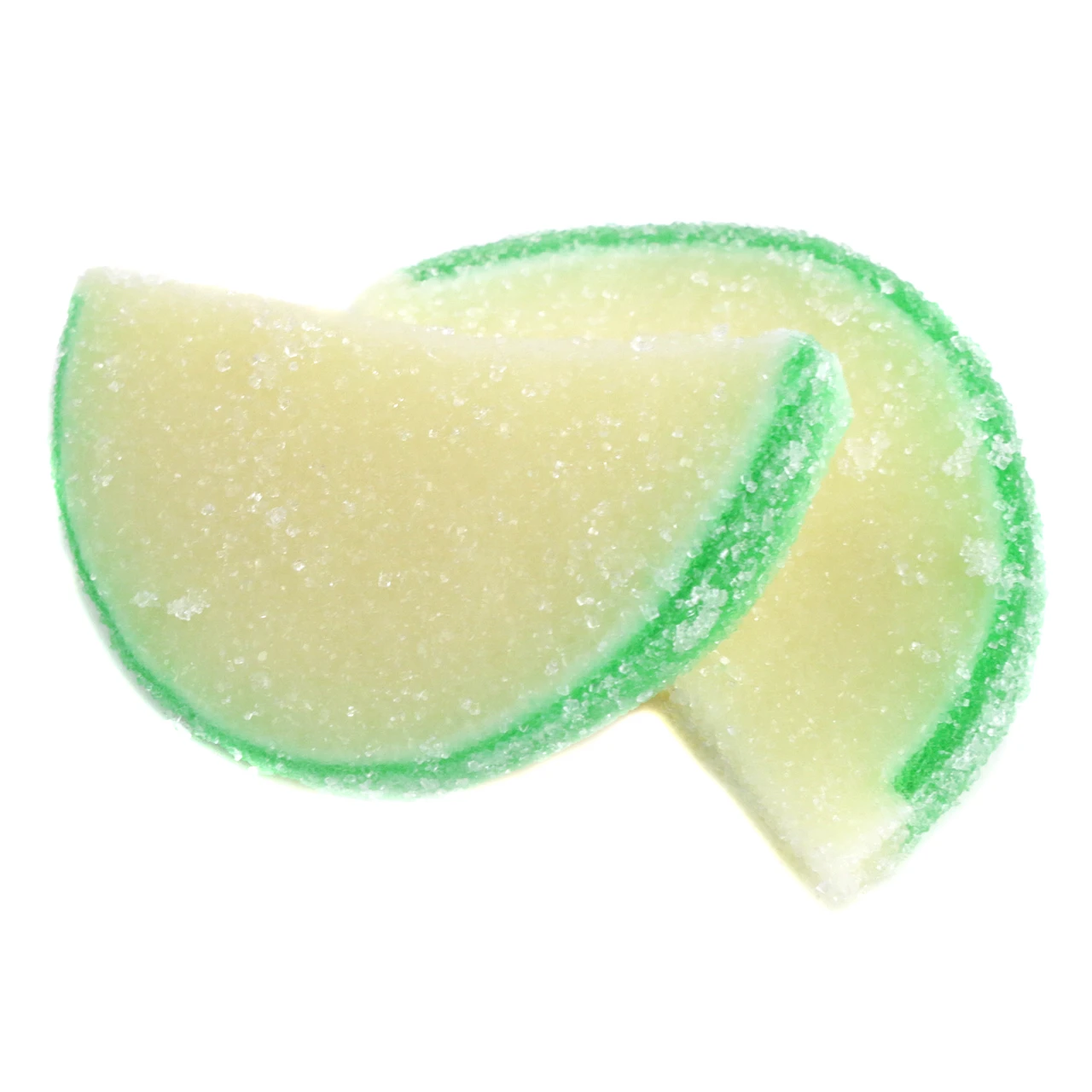 5LB box of approx. 90 unwrapped, green pear jelly candy fruit slices, soft, sweet, juicy, sugar-coated.