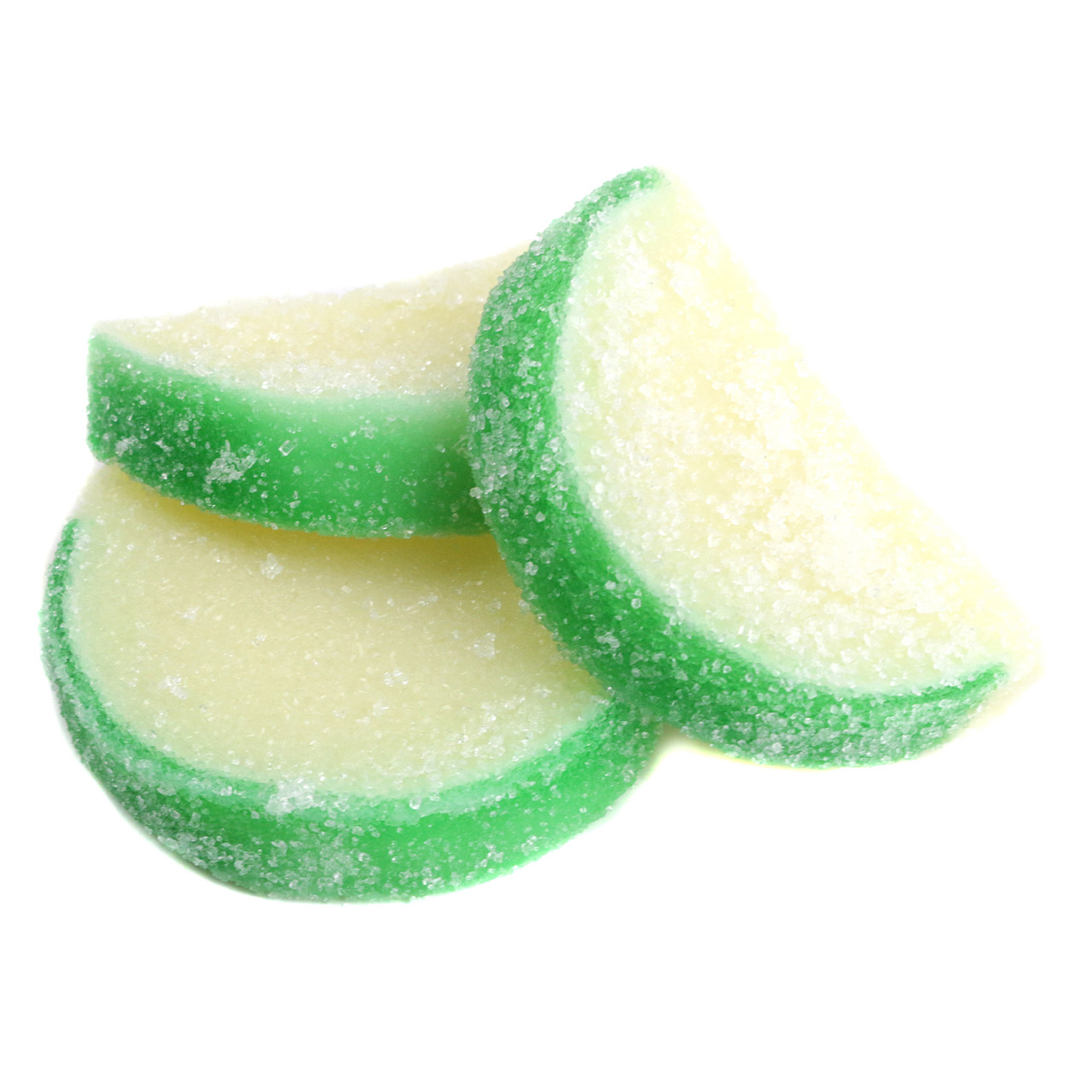 Unwrapped green pear jelly candy fruit slices, sugar-coated, soft, juicy. 5LB box, approx 90 slices.