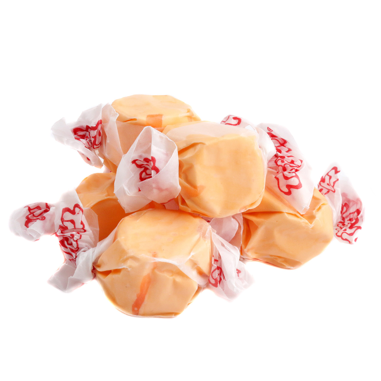 Vibrant orange Taffy Town Salt Water Taffy, chewy, juicy, approx 65 pieces, made in USA.
