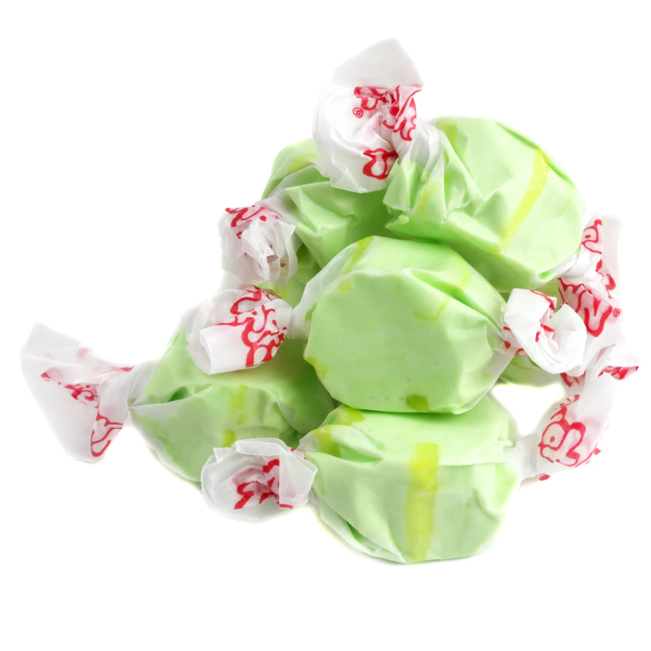 Taffy Town Salt Water Taffy Golden Pear, 65 pieces per pound, pastel green and yellow wrapped candies.