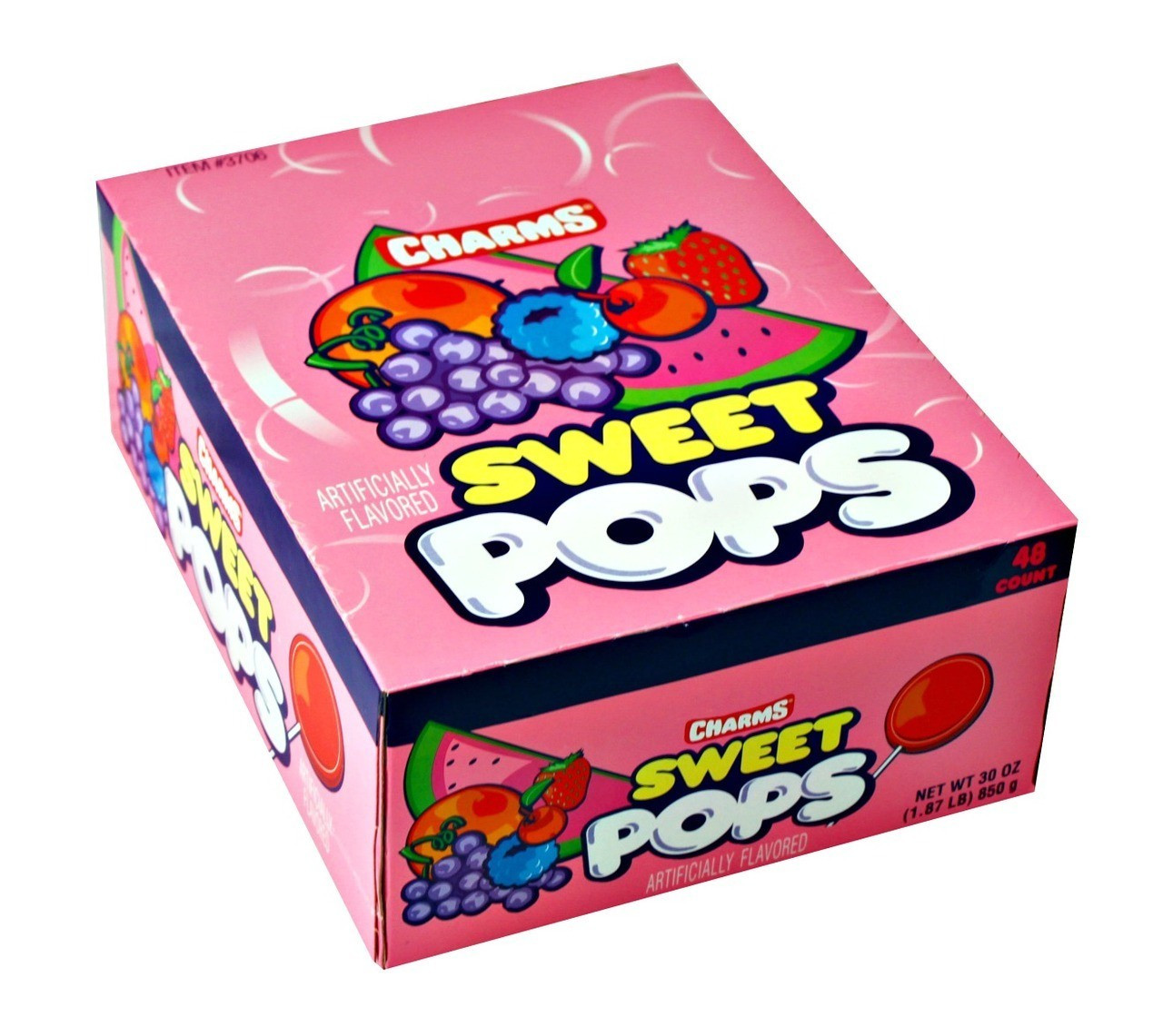 Charms Sweet Pops, 48 piece assorted flat lollipops. Blue, cherry, grape, orange, strawberry, watermelon flavors.