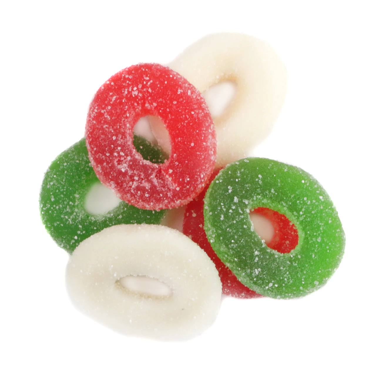 Christmas Gummy Wreaths, red, white, green, sugar-coated. Festive candy, approx 55 per pound. Delicious, USA-made.