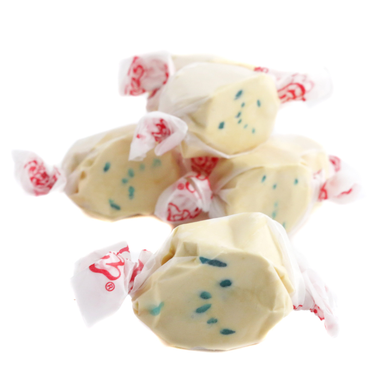Taffy Town Salt Water Taffy Blueberry Muffin, creamy blue and white pieces, approx. 65 pieces per pound.