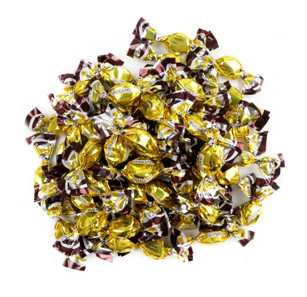 Gold Glitterati Caffe Espresso hard candies, small mini Italian coffee candy, approx. 440 pieces per pound.