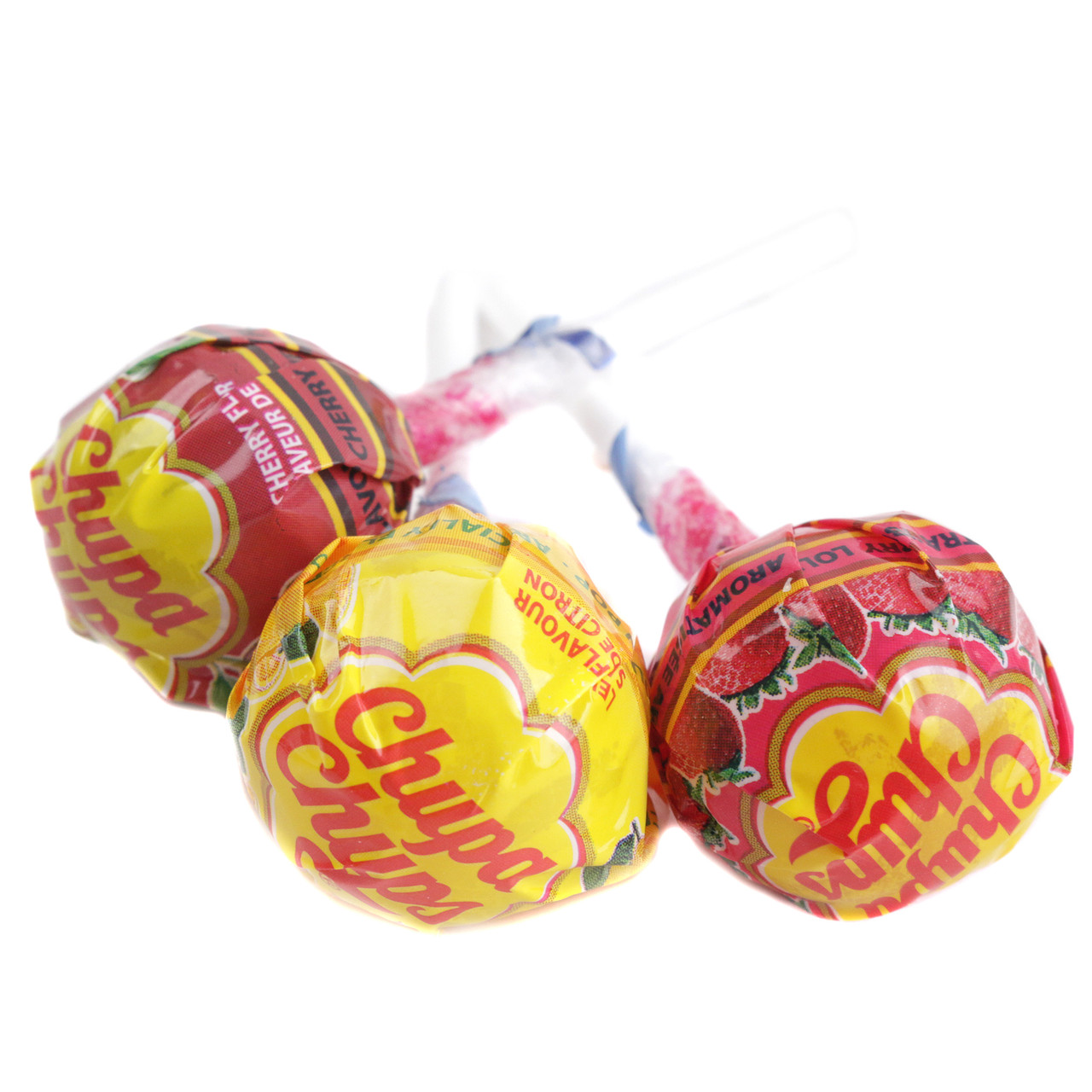 Colorful Chupa Chups lollipops, approximately 33 per pound. Assorted fruit, yogurt, cream, & chocolate-vanilla flavors.