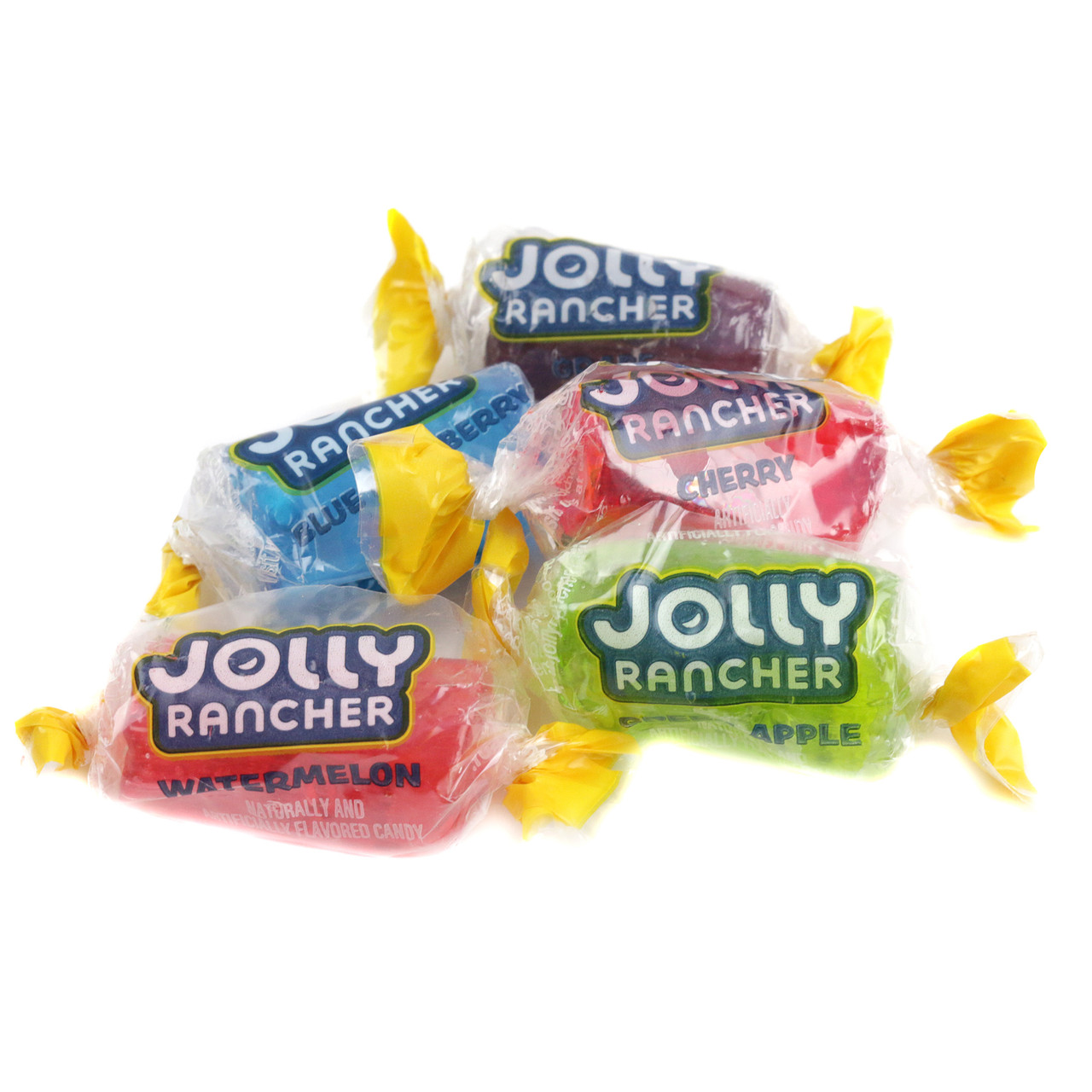 Hershey Jolly Rancher hard candy, rainbow colors: pink, blue, red, purple, green. Fruity, vegan, approx 75 per pound.