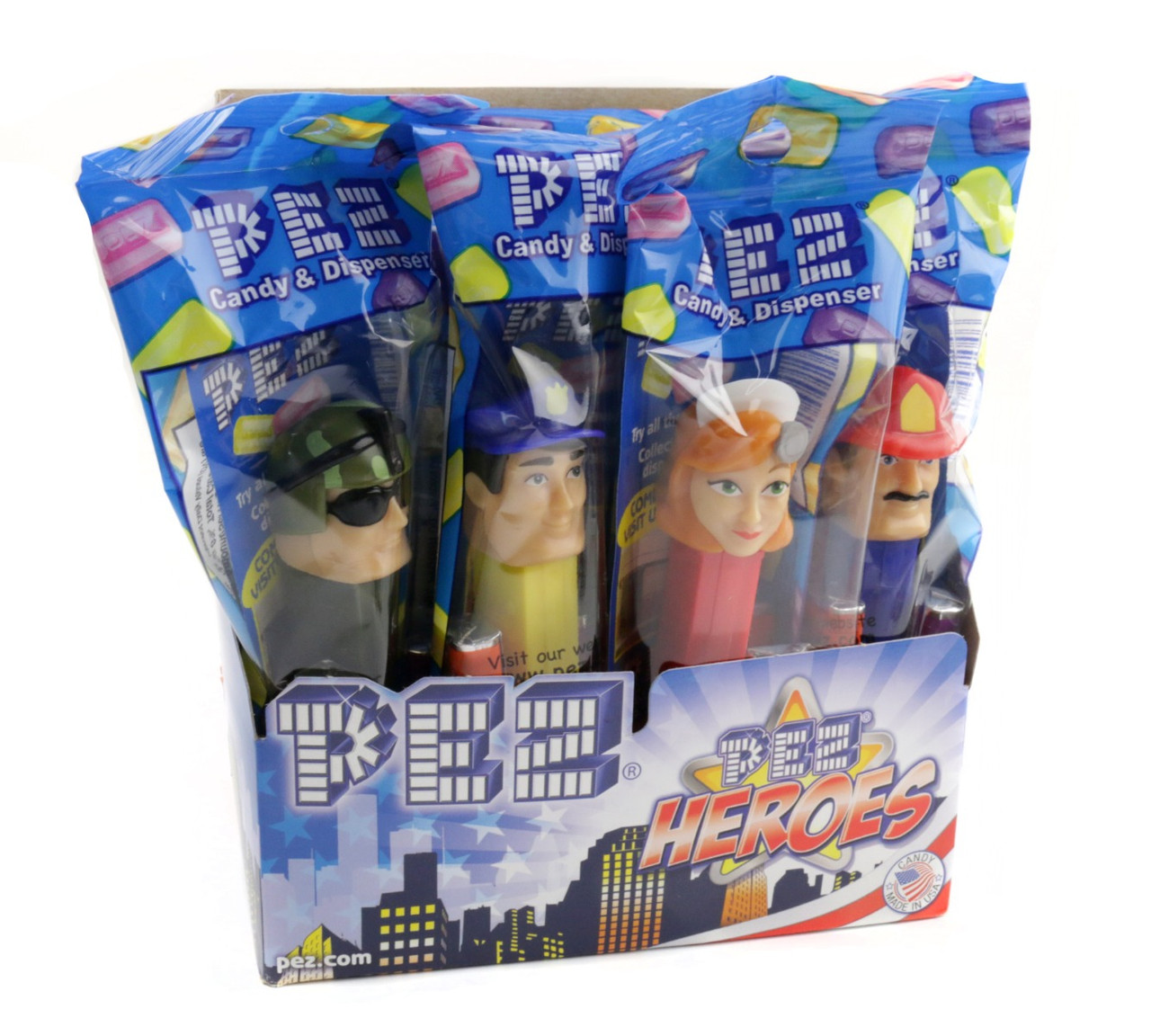 12 Pez Heroes dispensers with essential worker designs, individually wrapped with 2 packs of Pez candy, ideal for gifts.