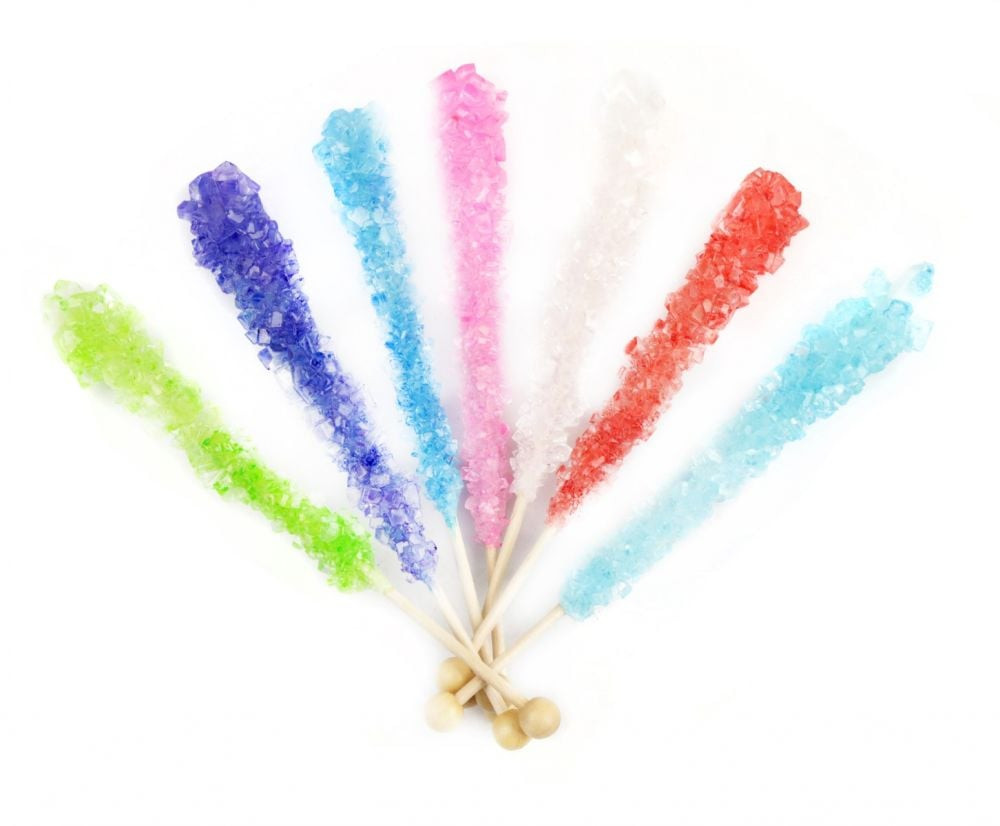 Assorted color rock candy sticks, 36 pieces, individually wrapped, 6.5 inches long, rainbow, fruity.