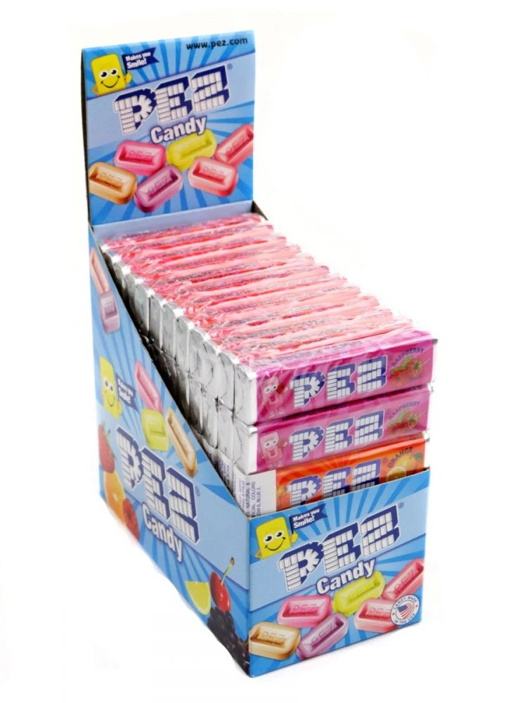 Pez candy refill 12-pack, 72 multi-colored rolls. Cherry, strawberry, orange, lemon, grape flavors. Made in USA.