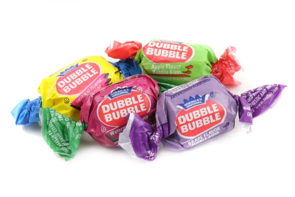 300 Dubble Bubble assorted wrapped gum pieces, pink, purple, green, red, individually wrapped.