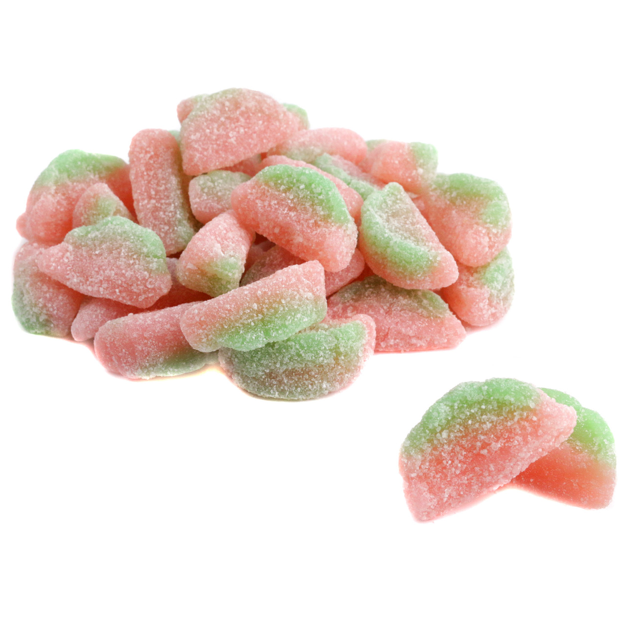 Sour Patch Watermelon gummies, pink and green, sour crystal coating, chewy, watermelon-shaped, approx. 90 per pound.