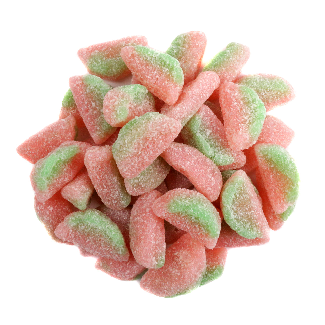 Sour Patch Watermelon chewy gummies, pink and green, watermelon-shaped, with sour crystal coating, approx 90 per pound.