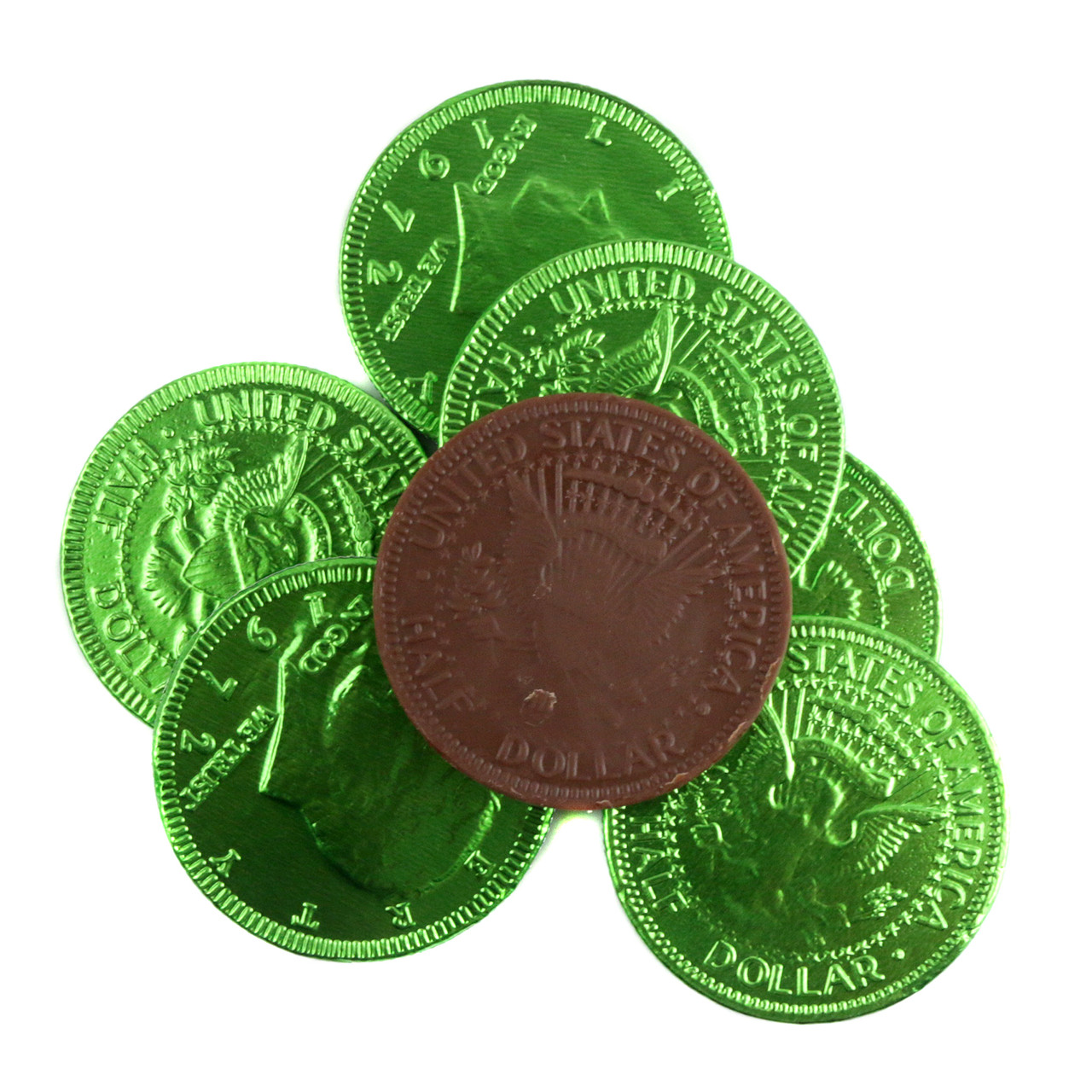 Green foil milk chocolate coins, US half dollar design, 1.5 inches, approx 80 per pound for St. Patrick's Day.