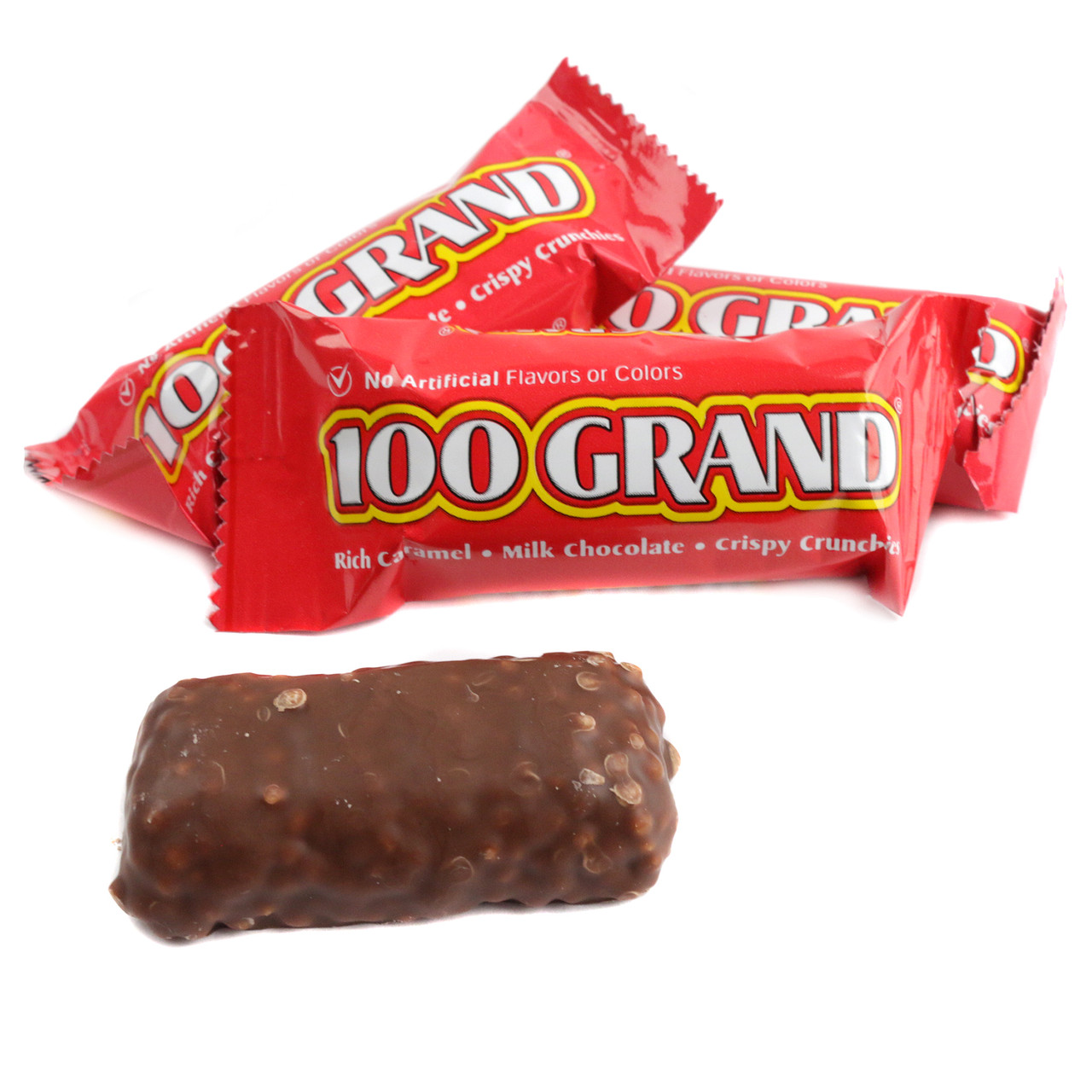 Nestle 100 Grand fun-sized candy bars, 20 per pound, in gold and red wrappers. Milk chocolate, caramel, crisped rice.