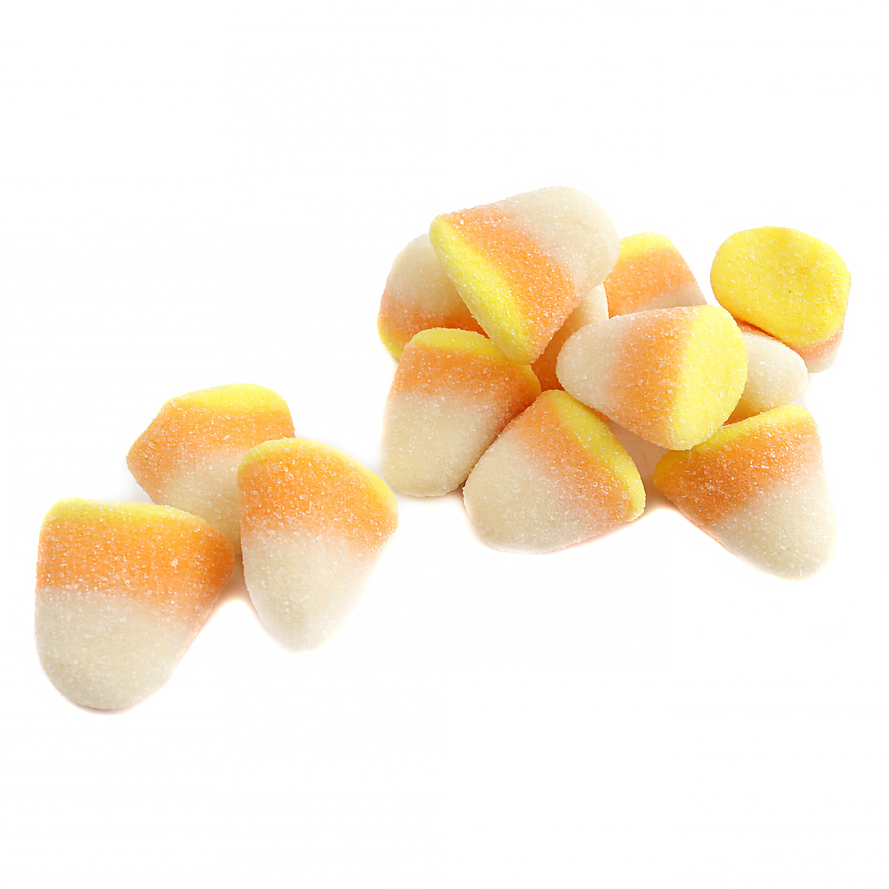 Gummy Candy Corn, soft texture, lightly sugar sanded. Classic white, orange, yellow Halloween candy, approx. 65 pcs/lb.